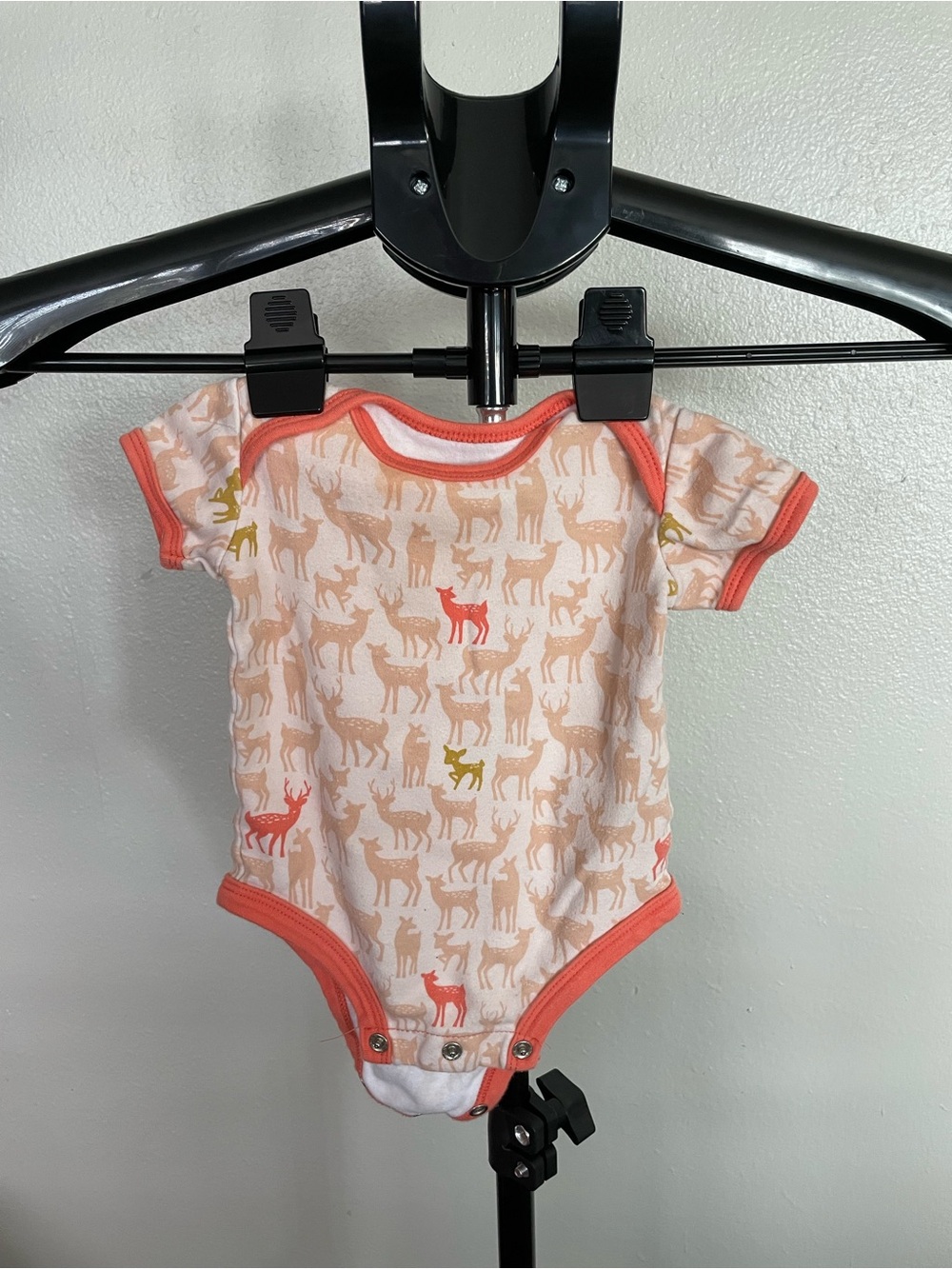 Deer-Print Baby One-Piece Bodysuit in Coral and Cream